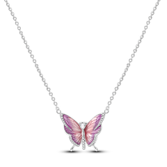 Pink Butterfly Necklace Sterling Silver White Gold Plated