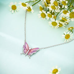 Pink Butterfly Necklace Sterling Silver White Gold Plated