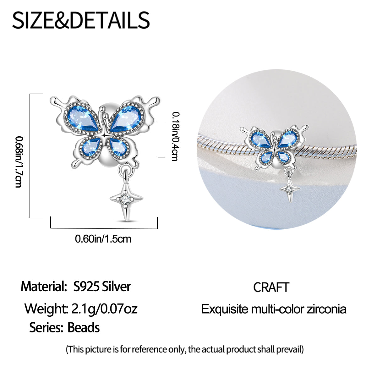 S925 Sterling Silver Blue Crystal Butterfly Spacer Beads