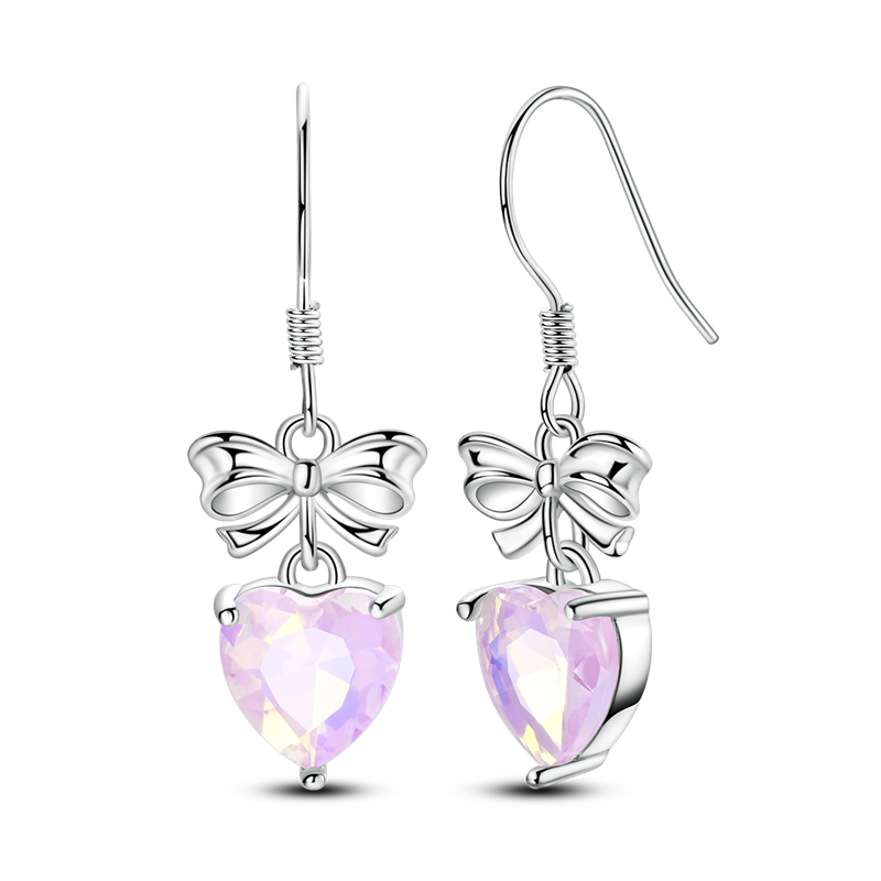 Bow & Pink Heart Zircon Drop Earrings
