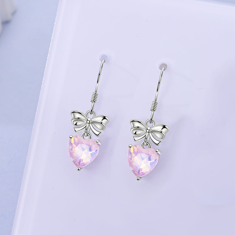 Bow & Pink Heart Zircon Drop Earrings