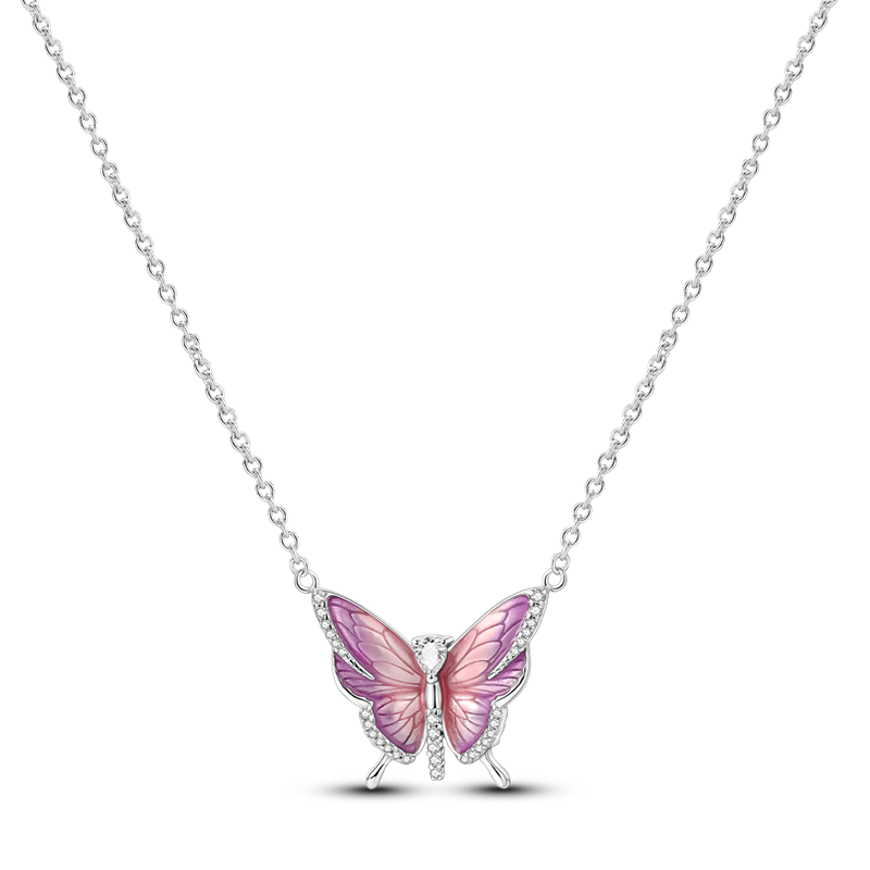 Pink Butterfly Necklace Sterling Silver White Gold Plated