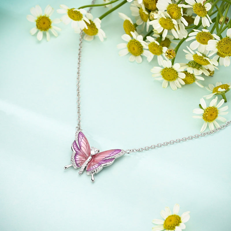Pink Butterfly Necklace Sterling Silver White Gold Plated