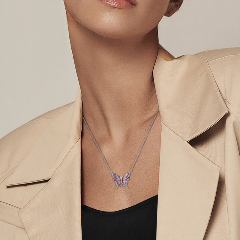 Pink Butterfly Necklace Sterling Silver White Gold Plated