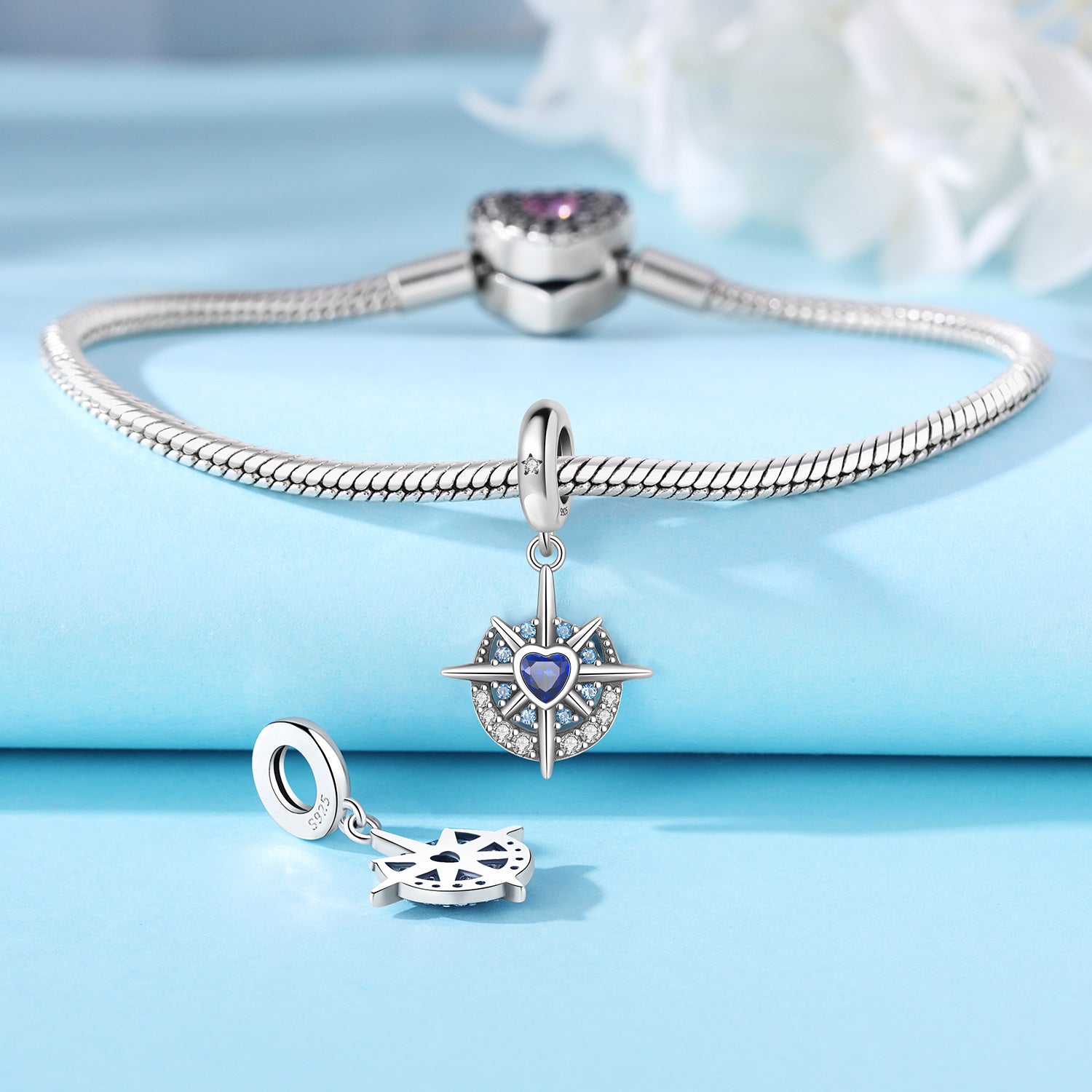 Sterling Silver Blue Heart Half-Moon Pendant