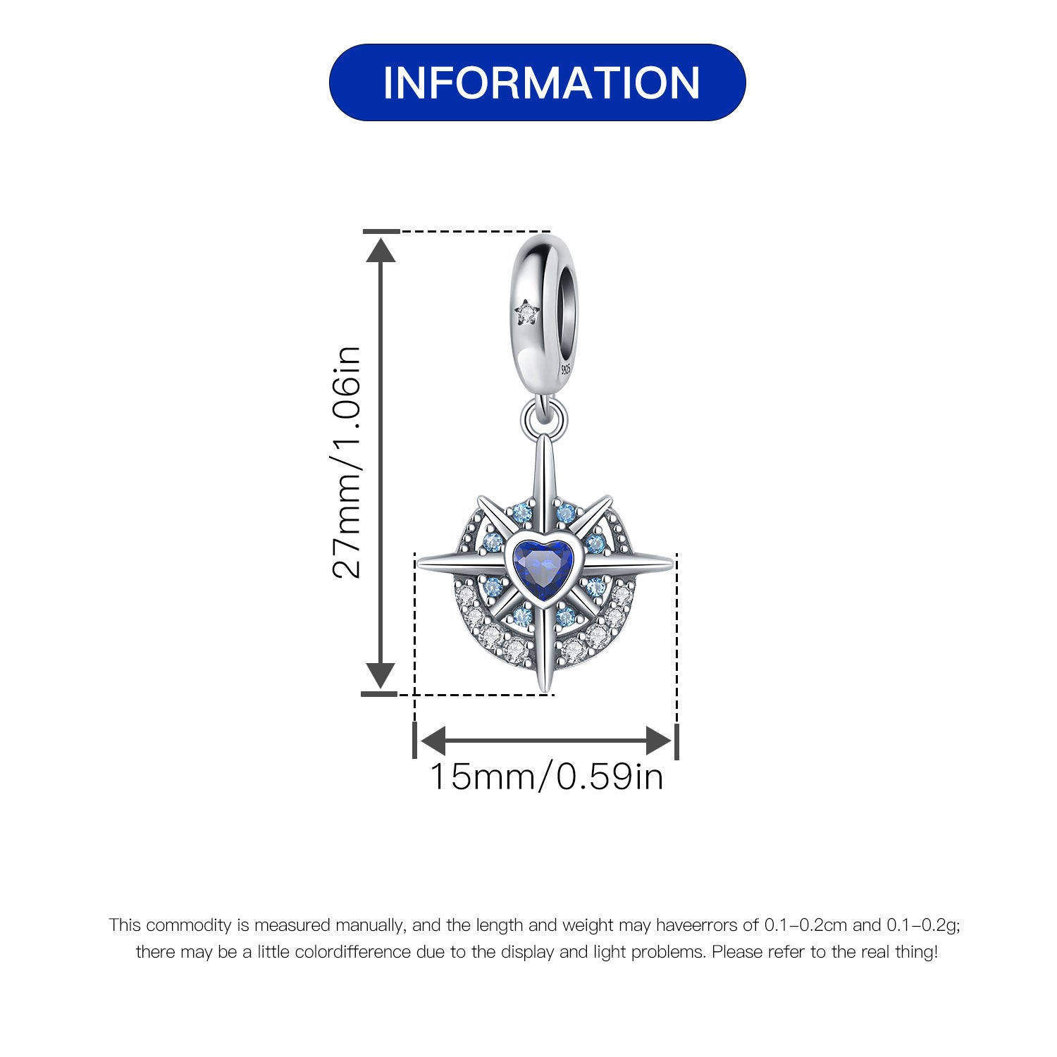 Sterling Silver Blue Heart Half-Moon Pendant