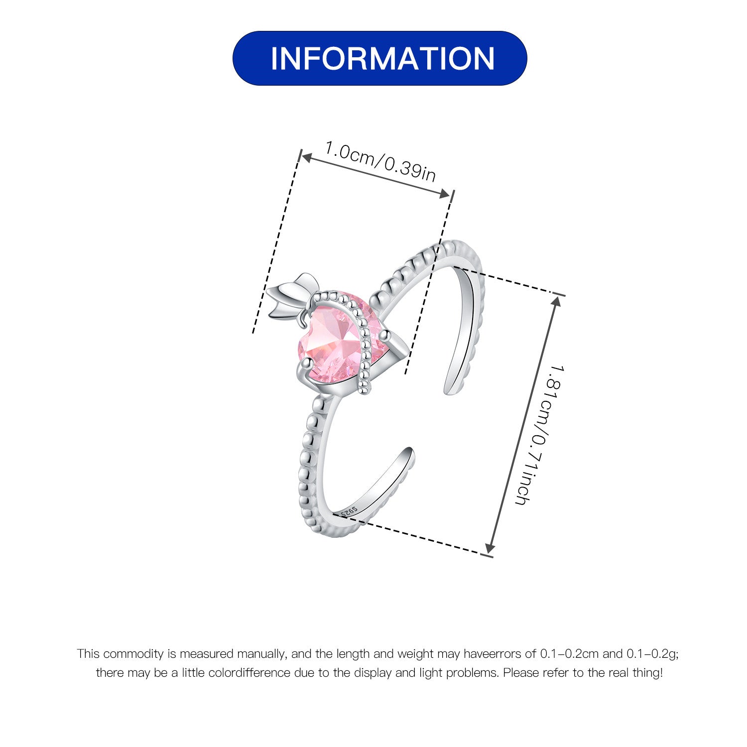 Pink Heart Cubic Zirconia Adjustable Ring