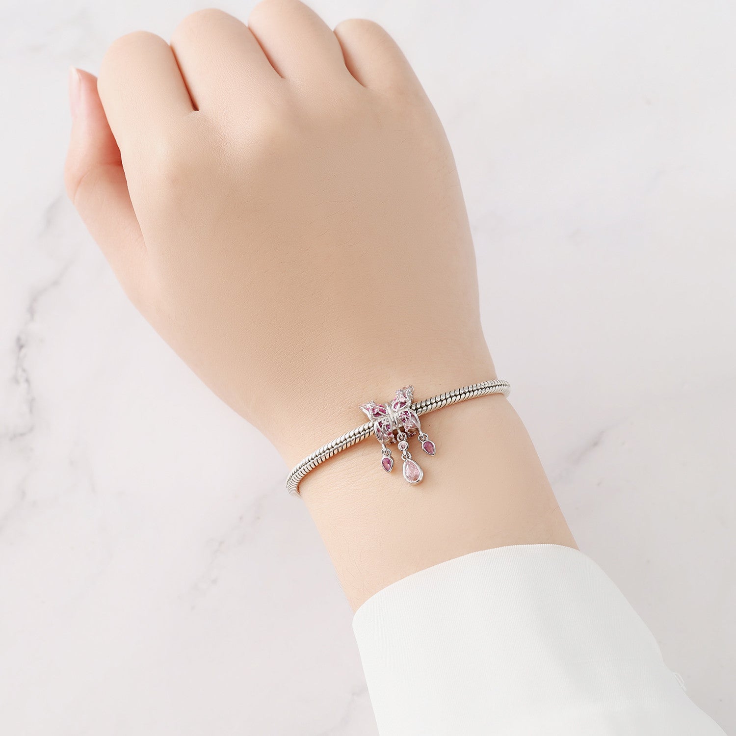 Pink Diamond Butterfly Sterling Silver Bracelet