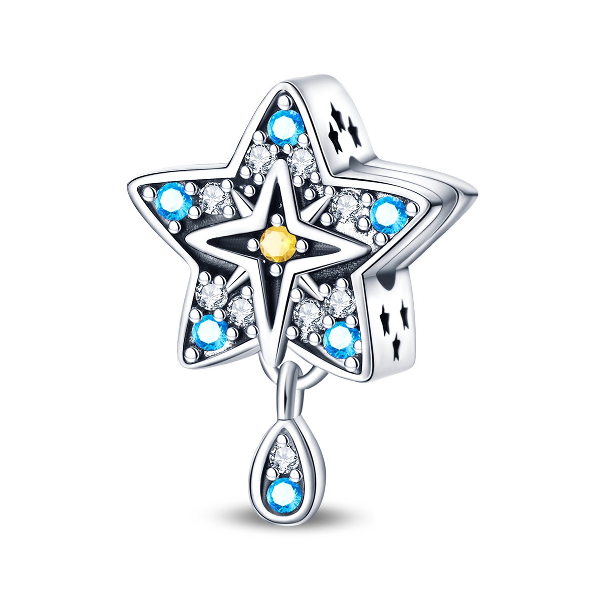 Sterling Silver Blue Zirconia Star Charm Beaded Bracelet