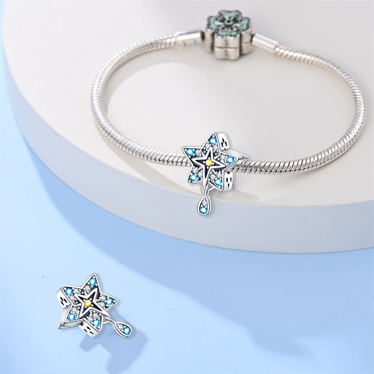 Sterling Silver Blue Zirconia Star Charm Beaded Bracelet