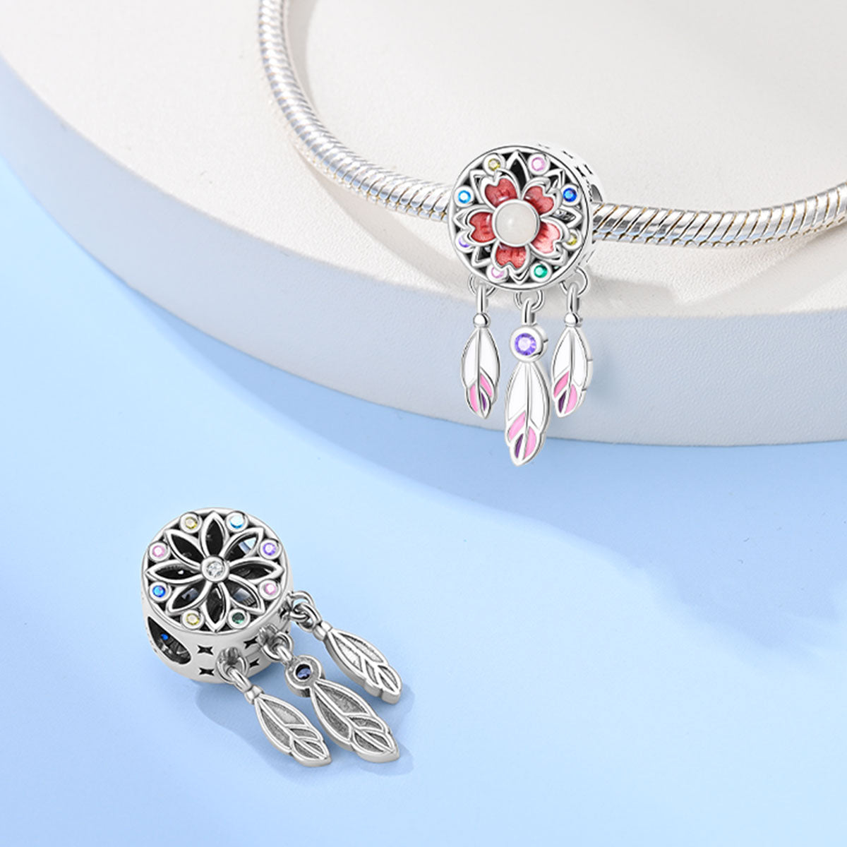 Boho Dreamcatcher Charm Beads for Bracelets - .925 Sterling Silver Crescent Moon & Round Pendants, Lucky Blessings Jewelry Collection DIY Crafting Supplies